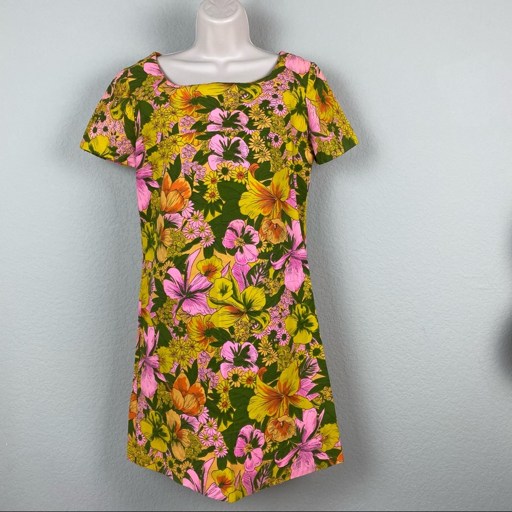 Vintage 60s Neon Pink Floral Hawaiian Mini Dress